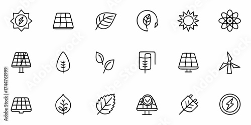 Captivating collection of clean energy icons featuring solar panels, wind turbines, leaves, and sun symbols, perfect for eco friendly branding and sustainability projects.