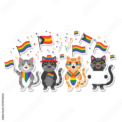 Four cartoon cats celebrate Pride with rainbow flags, confetti, and colorful accessories on a white background.
