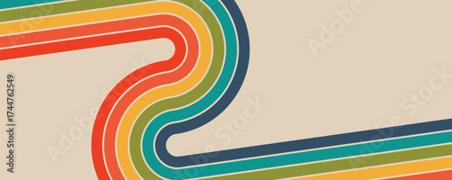 Abstract retro 70s background vector. Colorful vintage 1970 grunge stylish wallpaper with lines, stripes, curve shapes. Illustration design suitable for poster, banner, decorative, Modern