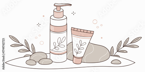 Beautiful Botanical Elements Enhance Natural Skincare Product Arrangement for Organic Beauty