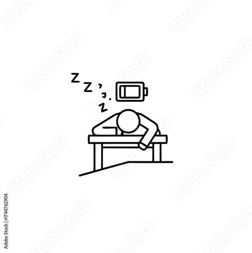 Tired man icon with sleep emotion and low energy battery vector image.Tired person in the workplace, tiredness or burnout icon, low level energy in work battery, exhausted and sleepy man vector icon.
