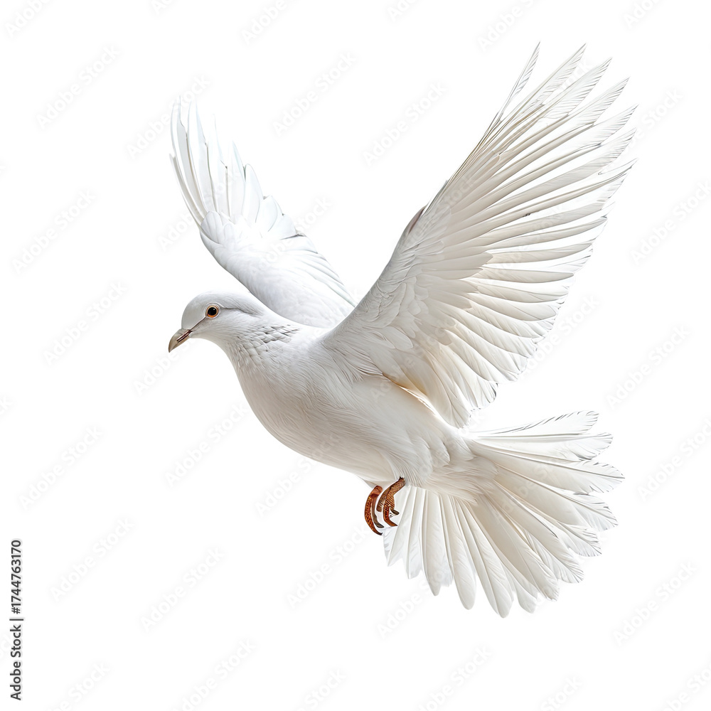 Obraz premium White dove soars; elegant bird with outstretched wings. Black background