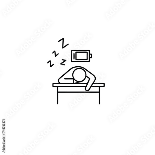 Tired man icon with sleep emotion and low energy battery vector image.Tired person in the workplace, tiredness or burnout icon, low level energy in work battery, exhausted and sleepy man vector icon.
