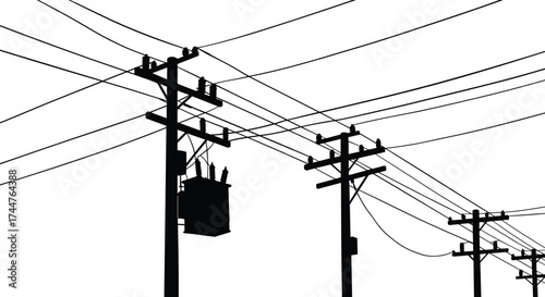 Black silhouette illustration of electricity poles with transformer and power lines showing urban electric infrastructure and energy distribution network design