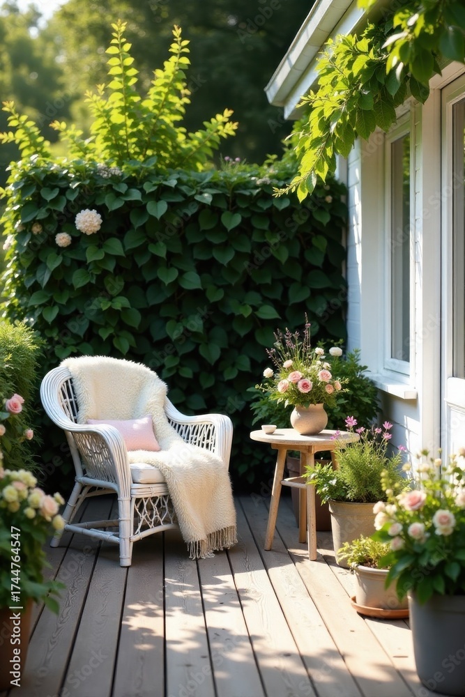 Fototapeta premium Peaceful patio scene with wicker chair, fluffy throw, flowers, and potted plants on a wooden deck