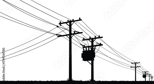Black silhouette illustration of multiple electricity poles with transformers and wires showing rural power line infrastructure and energy transmission system