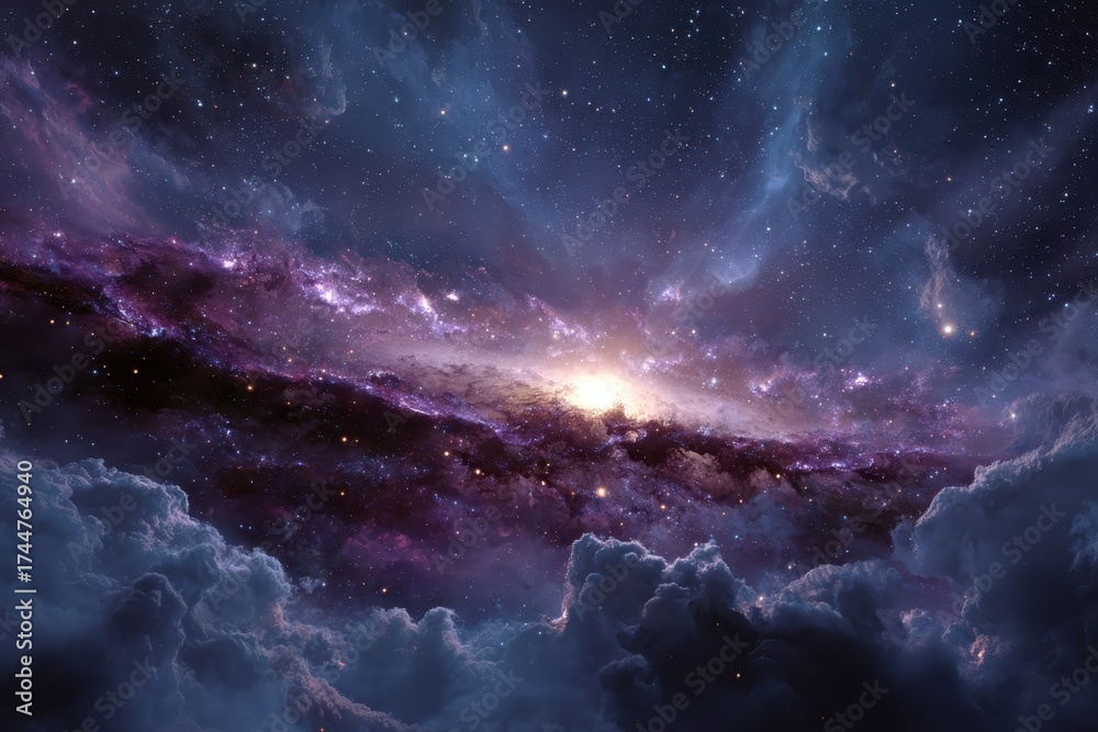 Naklejka premium Cosmic beauty of the galaxy illuminated by distant stars and swirling clouds of cosmic dust in a vast universe