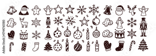 Set of isolated Christmas and New Year party decoration ornaments in black doodle hand-drawn graphic illustration on a white background 5