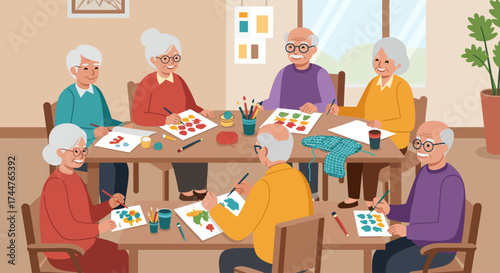 A flat design illustration showing a joyful group of elderly individuals participating in social activities, highlighting the importance of community and social engagement for senior well-being.