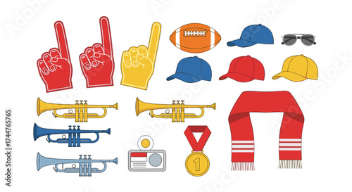Collection of sports fan accessories and celebratory items.