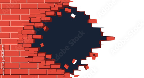 A brick wall is breaking apart creating a large hole with a dark background visible through it.