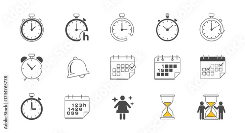 A collection of icons representing time management and scheduling tools for various applications and purposes.