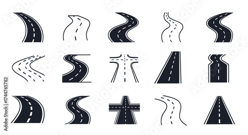 Collection of various asphalt road designs with white dashed lines on a white background.