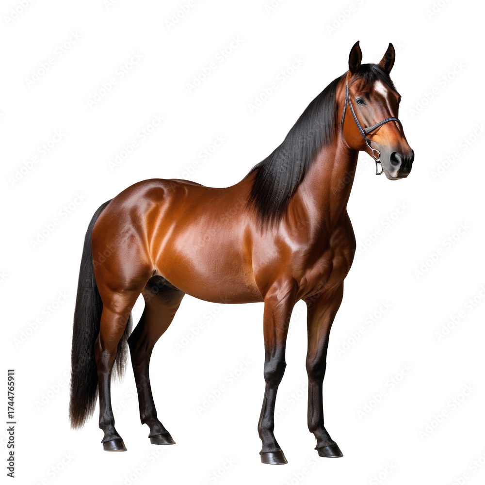 Fototapeta premium Chestnut horse stands with saddle, against a black background