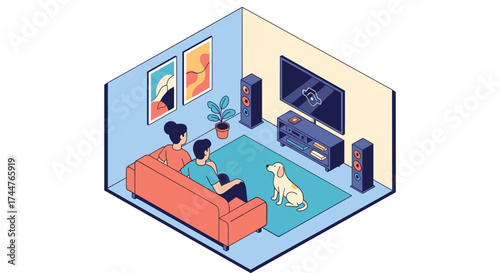 A cozy living room scene with a family and their dog enjoying a movie night.
