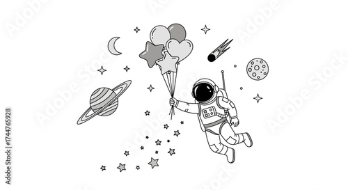 Astronaut floating in outer space holding a bouquet of balloons.