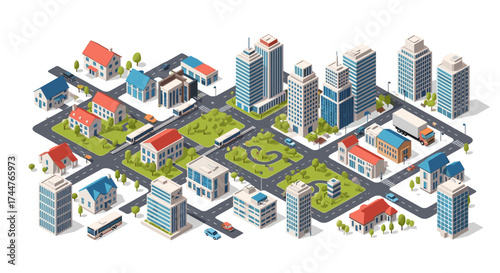 Isometric city landscape with residential and commercial buildings connected by roads and greenery.