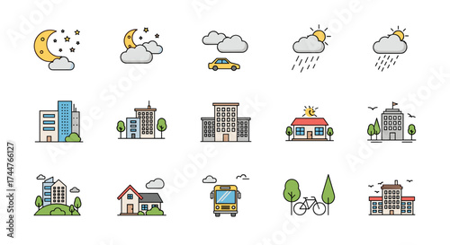 A collection of 15 pixel art icons representing various weather conditions transportation and urban and suburban elements.