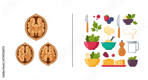 Nutritional benefits and culinary uses of walnuts and fresh ingredients for healthy meals.