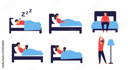 A daily routine showing different activities a person does in bed and when they wake up.