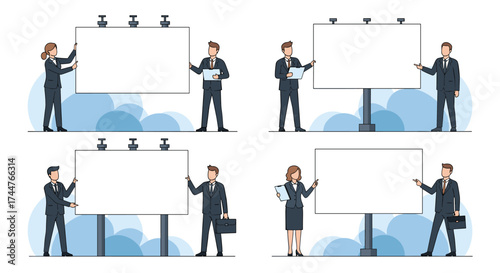 Business professionals presenting information on large outdoor billboards for advertising purposes.