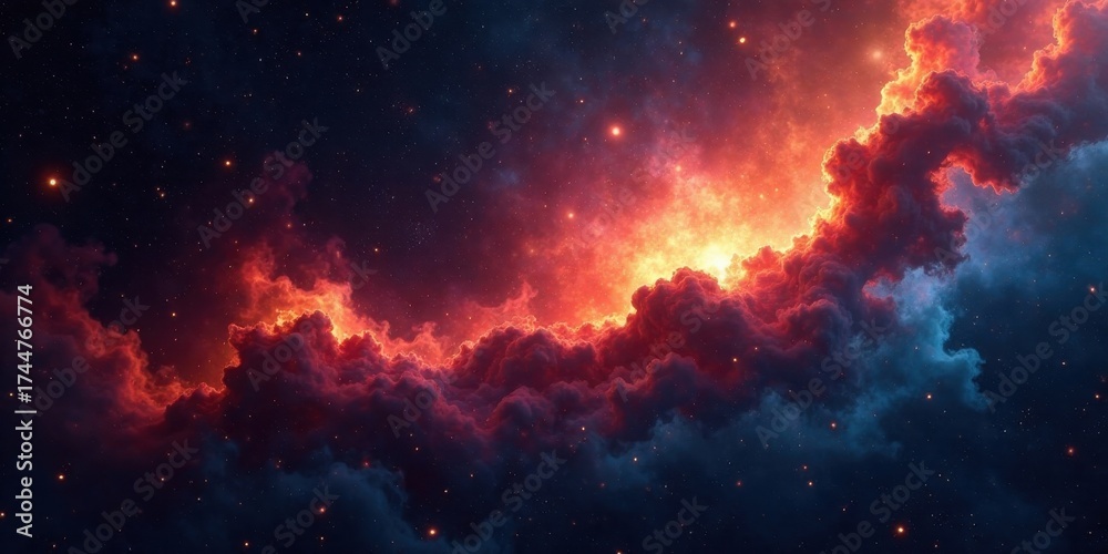 Fototapeta premium Celestial Inferno A fiery nebula illuminates the cosmos with incandescent clouds and a breathtaking display of stellar dust.