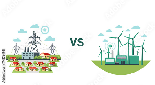 Comparing conventional energy power plants versus sustainable wind turbine farms for electricity generation.