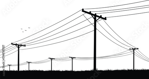 Black silhouette of electricity poles and power lines stretching through countryside landscape showing rural energy transmission and electric network infrastructure