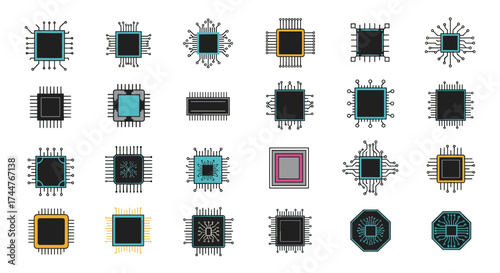 A collection of various electronic microchip designs and their intricate connections representing digital technology and processing power.