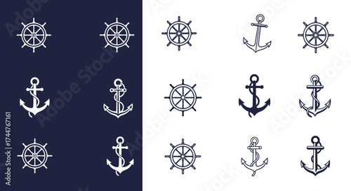 Set of nautical symbols including anchors and ship steering wheels in a vintage style.