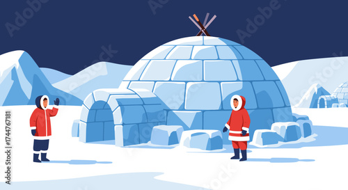 Arctic adventurers gather near a traditional igloo dwelling on a snowy landscape at night.