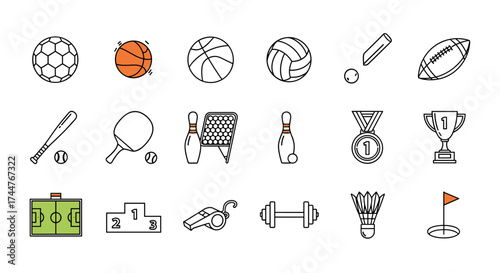 Collection of sports equipment and items for various athletic activities and games.