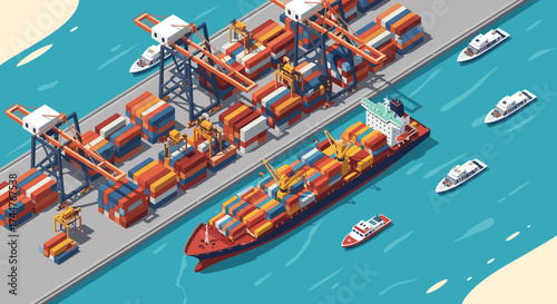 A busy cargo port with large ships and cranes loading containers onto a massive vessel.