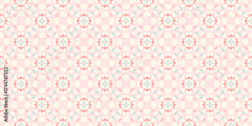 Soft pastel seamless pattern with pink, blue, and white tones forming floral geometric shapes. Light, calm, and dreamy look ideal for fabric, gift wrap, or digital background.