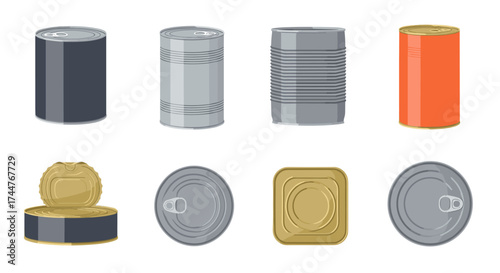 A collection of various tin cans and containers for food storage and preservation.