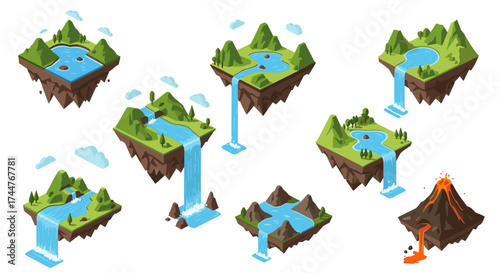 Collection of miniature floating islands with diverse natural features and cascading waterfalls.