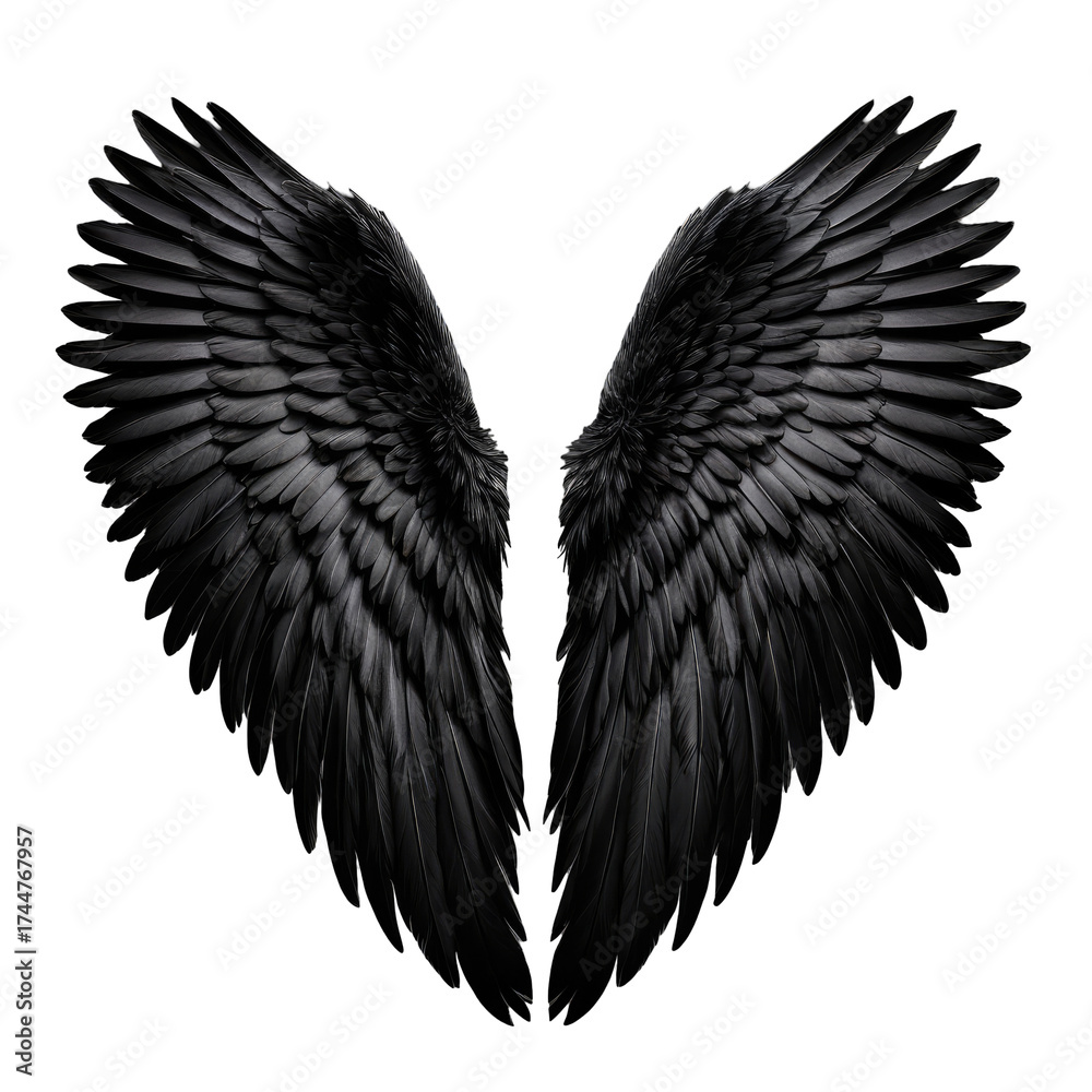 Naklejka premium Dark angel wings spread symmetrically on black. Feathers detailed