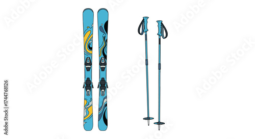 Brightly colored youth skis and poles for adventurous snow sports exploration and outdoor winter recreation.