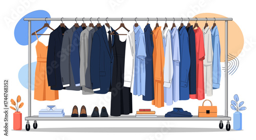 A diverse collection of formal wear and casual outfits displayed on a clothing rack.