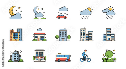 A collection of urban and weather related pixel art icons depicting various elements.