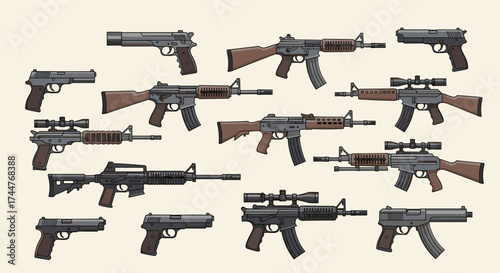A collection of various handguns and rifles arranged in a grid formation.