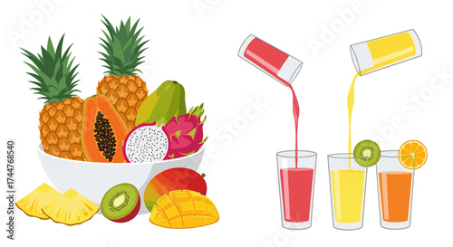 A vibrant assortment of fresh tropical fruits and freshly squeezed juices.