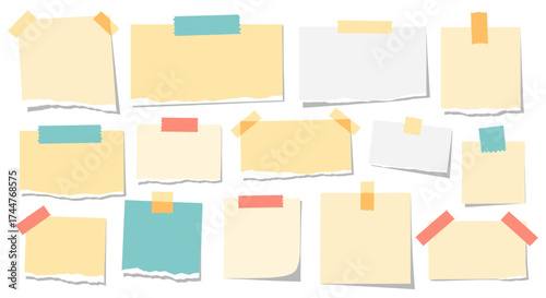 A collection of blank sticky notes and paper sheets attached to a white surface with colorful tape.
