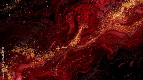 Deep red and crimson marble fluid texture art background with flowing organic shapes.
