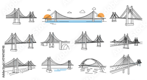 A diverse collection of suspension bridge illustrations with varying designs and structural elements.