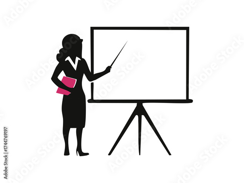 Silhouette of teacher pointing at board with book in hand