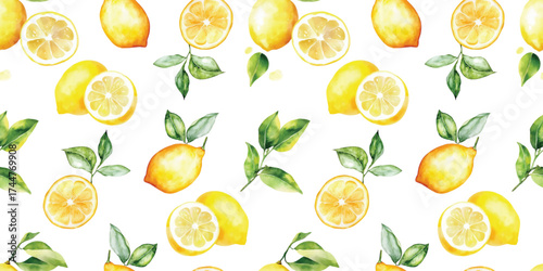 watercolor lemon fruit seamless pattern, whole and halved hand drawn illustration wallpaper background