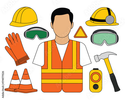 Construction Safety Equipment Vector Set – Worker with Helmet, Vest, Gloves, Goggles, Hammer, and Traffic Cones for Industrial, Engineering, or Work Safety Illustration Design