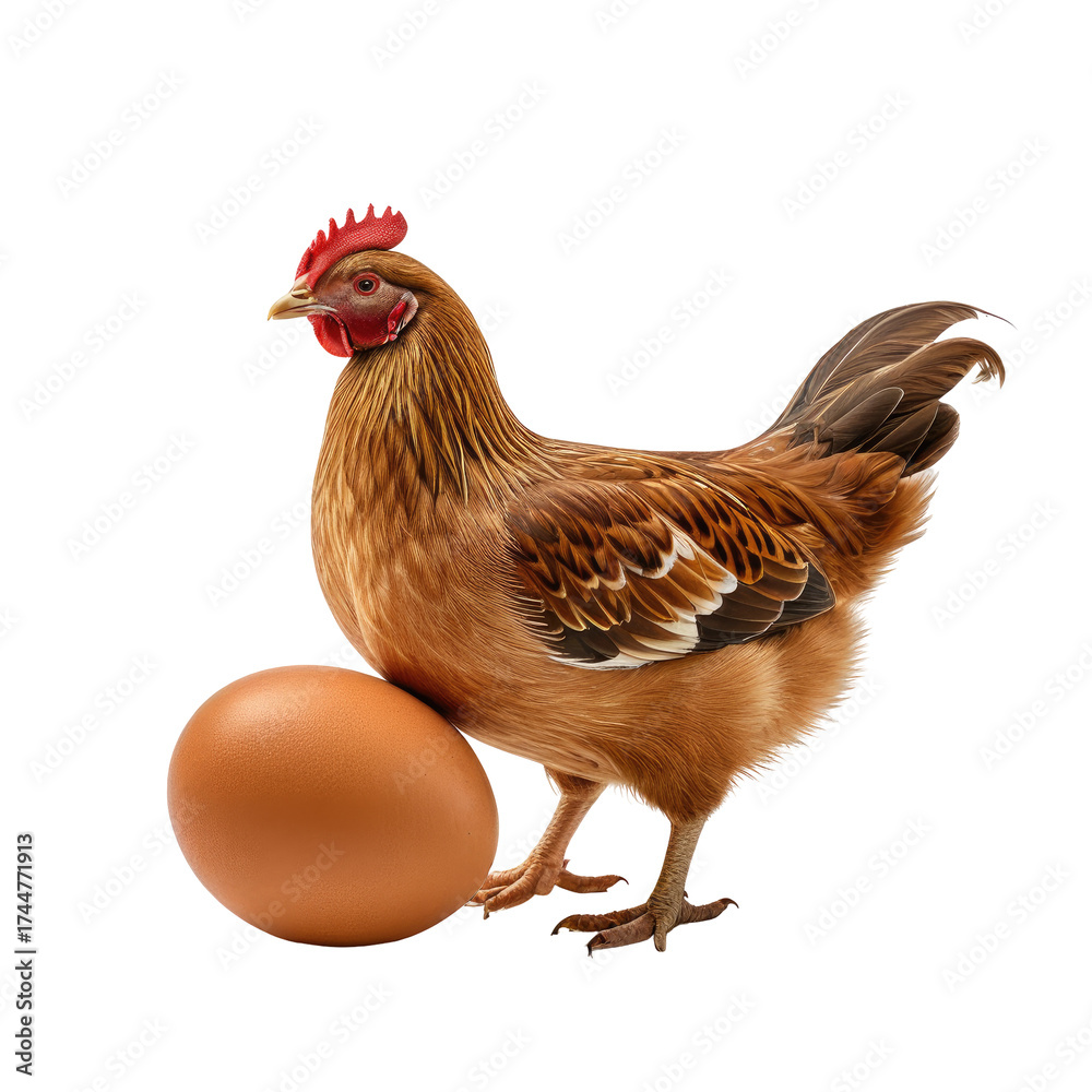 Fototapeta premium Hen with egg. Side view of the animal standing, dark backdrop