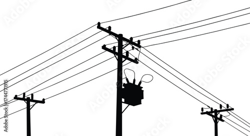 Black silhouette of multiple electricity poles with high voltage wires and power transformer on white background vector illustration design